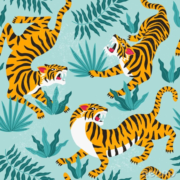 Tapete Vector seamless pattern with cute tigers on background. Circus animal show. Fashionable fabric design.