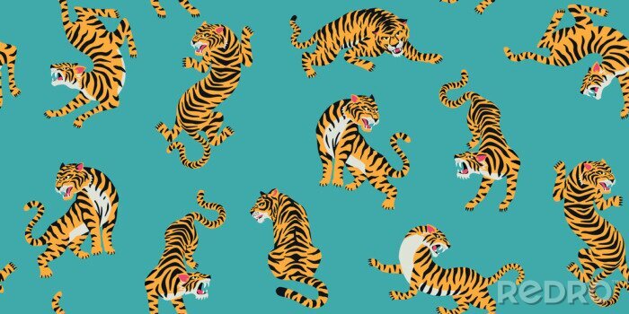 Tapete Vector seamless pattern with cute tigers on background. Fashionable fabric design.
