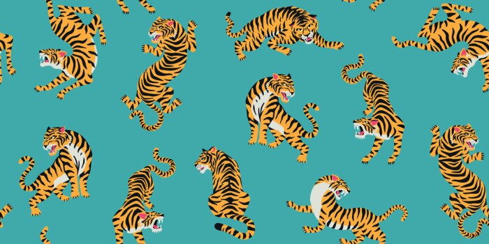 Tapete Vector seamless pattern with cute tigers on background. Fashionable fabric design.