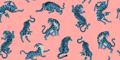 Tapete Vector seamless pattern with cute tigers on the pink background. Fashionable fabric design.