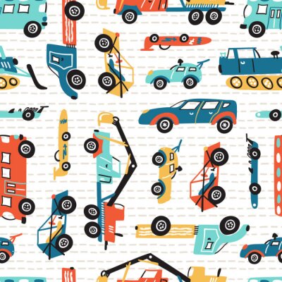 Tapete Vector Seamless Pattern with Doodle Toy Racing Cars, Heavy Construction Trucks. Cartoon Transportation Background for Kids. 