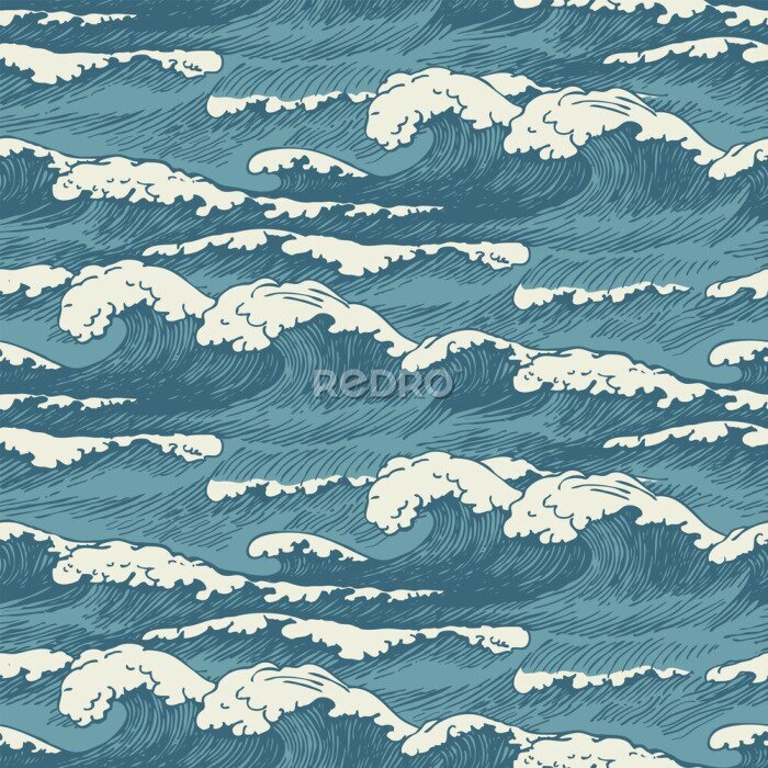 Tapete Vector seamless pattern with hand-drawn waves in retro style. Decorative repeating illustration of the sea or ocean, blue storm waves with breakers of seafoam