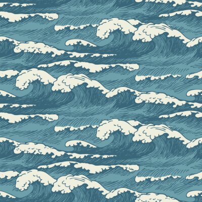 Tapete Vector seamless pattern with hand-drawn waves in retro style. Decorative repeating illustration of the sea or ocean, blue storm waves with breakers of seafoam