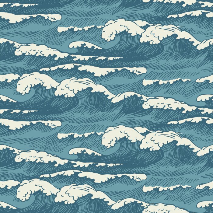 Tapete Vector seamless pattern with hand-drawn waves in retro style. Decorative repeating illustration of the sea or ocean, blue storm waves with breakers of seafoam