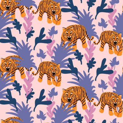 Tapete Vector seamless pattern with tigers in the jungle. Tropical pink and purple background for fabric and wallpaper prints. Roaring wild cat in woods.