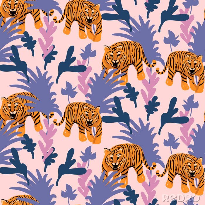 Tapete Vector seamless pattern with tigers in the jungle. Tropical pink and purple background for fabric and wallpaper prints. Roaring wild cat in woods.