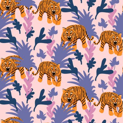 Tapete Vector seamless pattern with tigers in the jungle. Tropical pink and purple background for fabric and wallpaper prints. Roaring wild cat in woods.