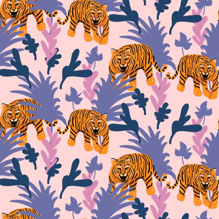 Tapete Vector seamless pattern with tigers in the jungle. Tropical pink and purple background for fabric and wallpaper prints. Roaring wild cat in woods.