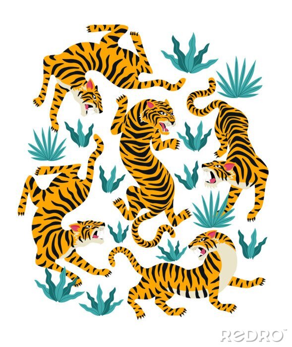 Tapete Vector set of tigers and tropical leaves. Trendy illustration.