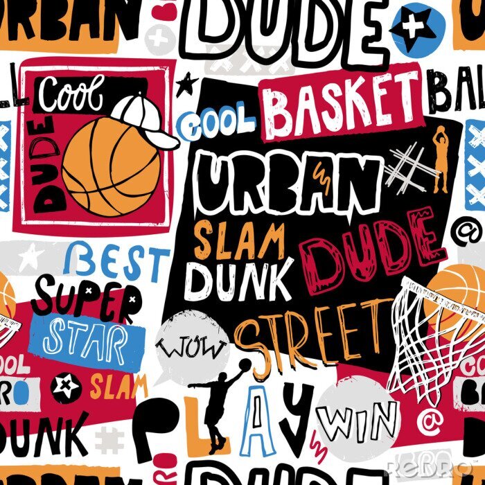 Tapete Vector sketch basketball seamless pattern for boys, cool dude, bro, urban. Hand-drawing lettering, slogan. Print grunge design for T-shirts, banners, flyers, children's party, clothes, social media.