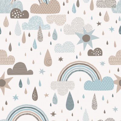 Tapete Vector sky seamless pattern with clouds, rain drops, rainbow, sun. Cute doodle decorative scandinavian print for textile, fabric, apparel gender-neutral kid nursery design