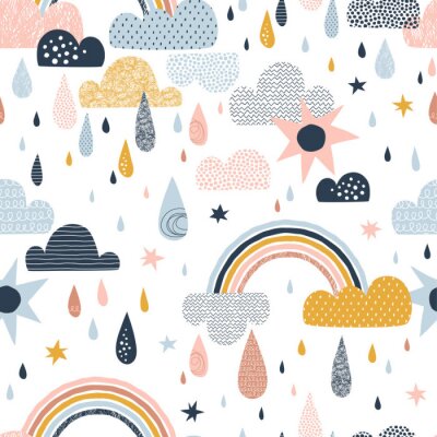 Tapete Vector sky seamless pattern with clouds, rain drops, rainbow, sun. Cute doodle decorative scandinavian print for textile, fabric, apparel gender-neutral kid nursery design