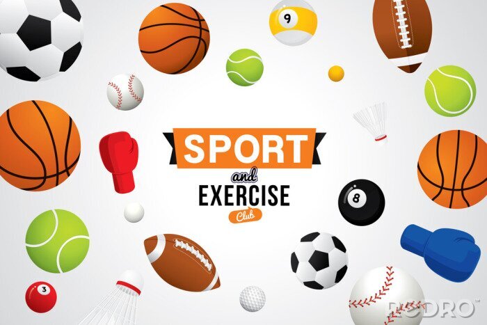 Tapete Vector Sport-und Fitness-Club mit Sport-Ball und Ausrüstung.