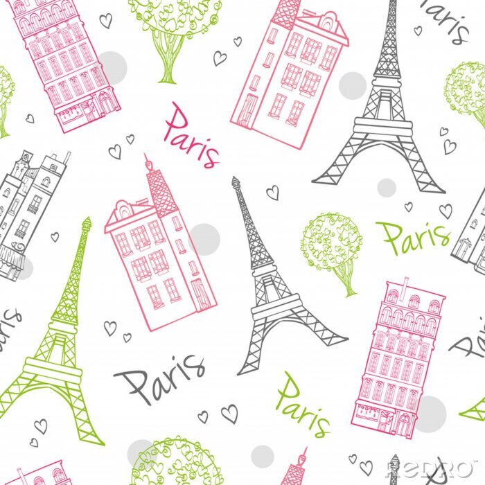 Tapete Vector Travel Romantische Paris Straßen Nahtlose Muster mit Eifel Tower, Häuser, Bäume und Herzen.