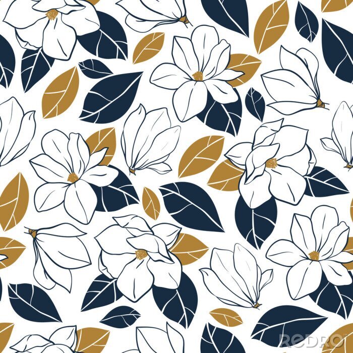Tapete Vector trendy nahtlose Muster mit botanischen Elementen. Magnolienblumen, Knospen und Blätter in tiefblauen und Senffarben.