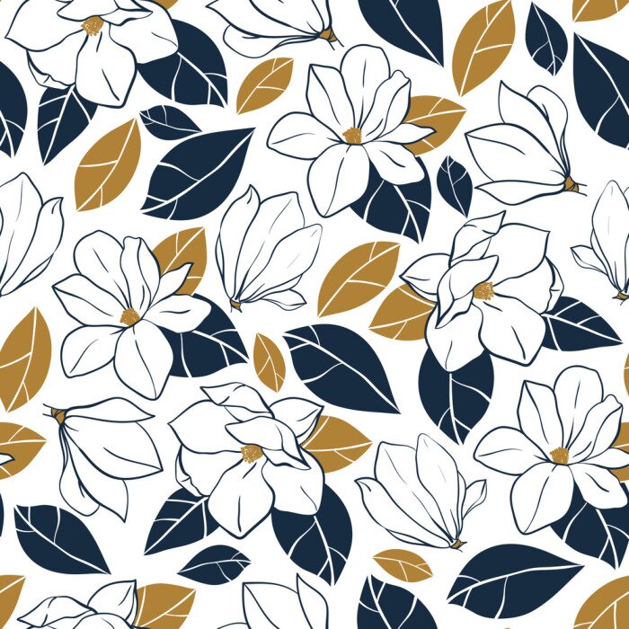 Tapete Vector trendy nahtlose Muster mit botanischen Elementen. Magnolienblumen, Knospen und Blätter in tiefblauen und Senffarben.