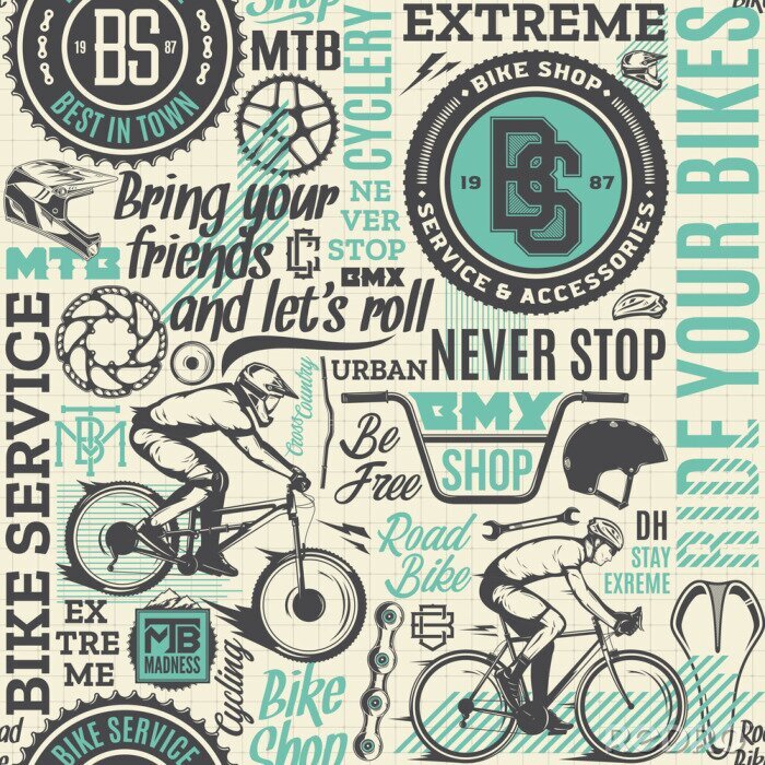 Tapete Vector typographic bicycle seamless pattern or background in black, teal and beige colors. Bike shop, service, mountain and road biking icons and design pieces