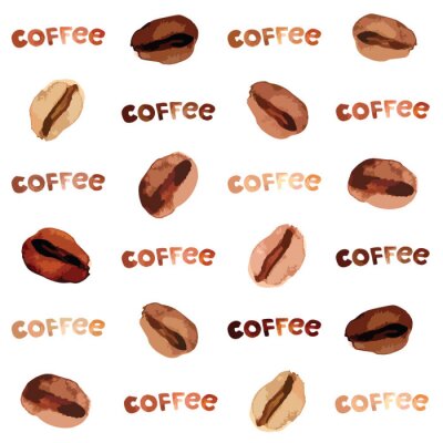 Tapete Vector watercolor illustrated and painted brown coffee beans and lettering pattern set