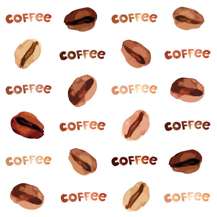 Tapete Vector watercolor illustrated and painted brown coffee beans and lettering pattern set