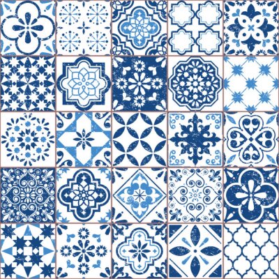 Tapete Vektor Azulejo Fliesenmuster, portugiesische oder spanische Retro alte Fliesen Mosaik, mediterrane nahtlose Marineblau Design