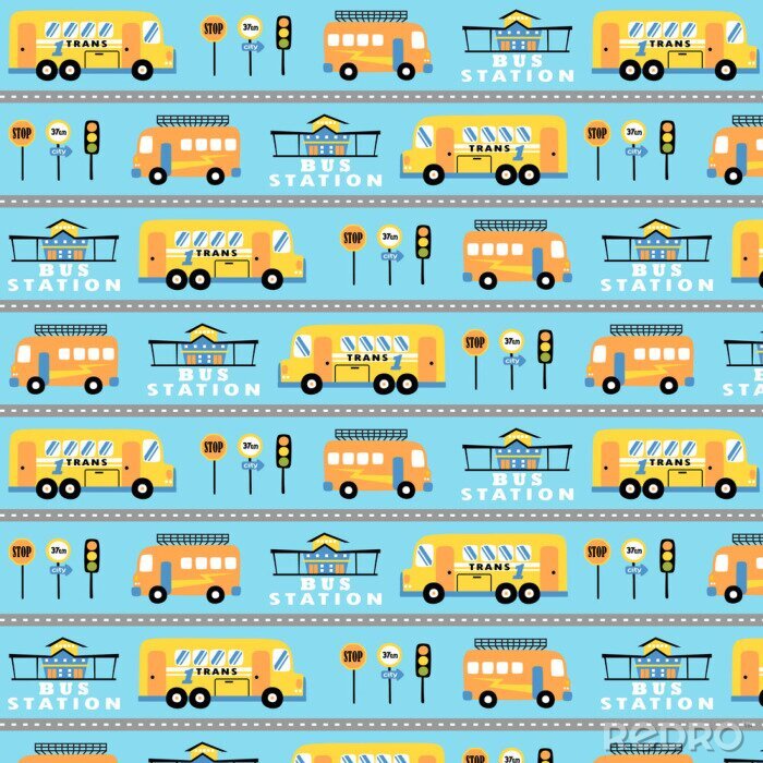 Tapete Vektor-Cartoon-Muster mit Bussen, Bushaltestelle