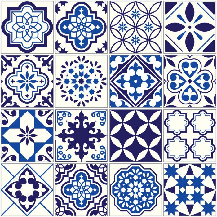 Tapete Vektor Fliesenmuster, Lissabon floralen Mosaik, mediterrane nahtlose navy blau Ornament