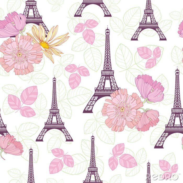 Tapete Vektor-Frühlings-purpurroter rosa Eifel-Turm Paris und Rosen-Blumen-nahtloses Wiederholungs-Muster umgeben durch St.-Valentinsgruß-Tagesherzen der Liebe. Vervollkommnen Sie für themed Postkarten der R