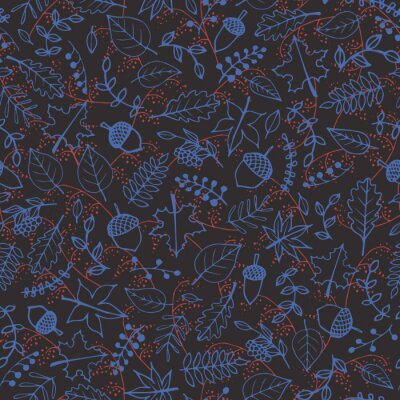 Tapete Vektor Hand gezeichnet Muster mit Herbst Elemente Konturen: Laub, Beeren und Eicheln auf dem dunklen grauen Hintergrund. Ahorn, Sykomore, Birke, Buche und Eichenlaub.