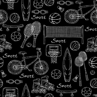 Vektor-Muster mit Hand gezeichneten Sportgeräten auf schwarzem Farb