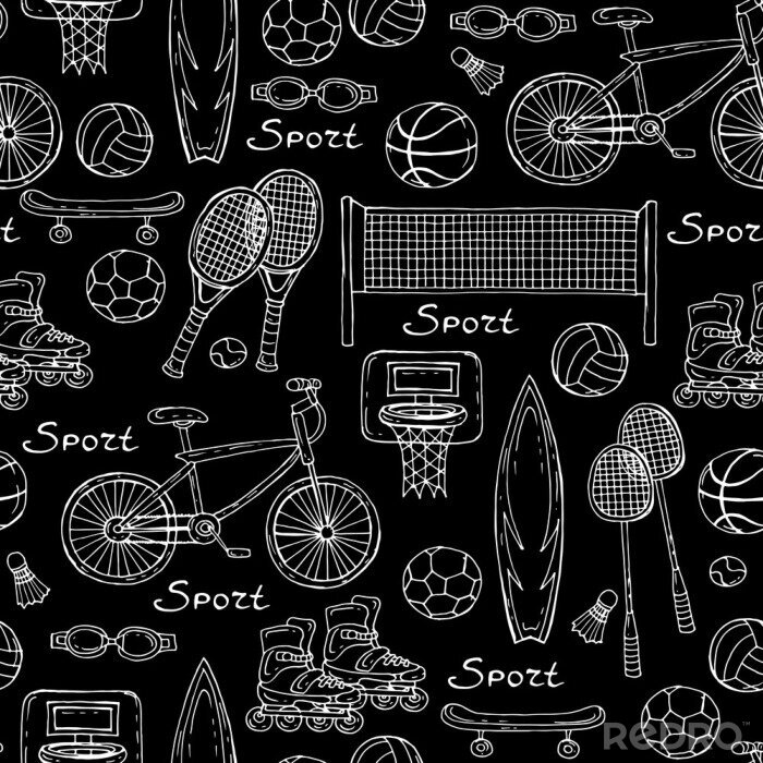 Tapete Vektor-Muster mit Hand gezeichneten Sportgeräten auf schwarzem Farb