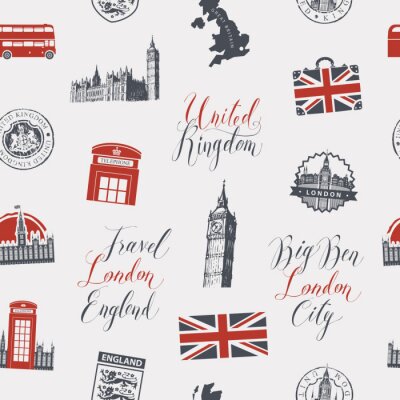 Tapete Vektor nahtloser Hintergrund auf Großbritannien und London Thema mit Inschriften, britischen Symbolen, architektonischen Wahrzeichen und Flagge des Vereinigten Königreichs im Retro-Stil. Kann als Tape