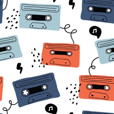 Tapete Vektor nahtloses Hintergrundmuster mit Retro-Audiokassette mit Rockmusik für Stoff, Textil, Tapete, Geschenkpapier, Notizbuchabdeckungen, Hintergrund