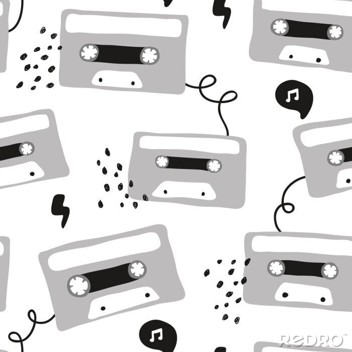 Tapete Vektor nahtloses Hintergrundmuster mit Retro-Audiokassette mit Rockmusik für Stoff, Textil, Tapete, Geschenkpapier, Notizbuchabdeckungen, Hintergrund