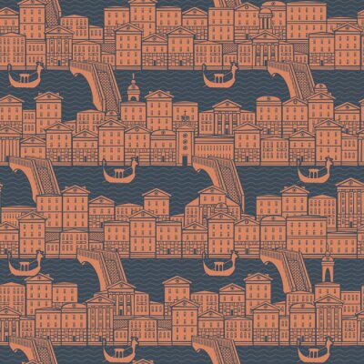 Vektor nahtloses Muster mit alten Hand gezeichneten Häusern entlang der Kanäle mit Brücken und Gondeln. Stadtbildhintergrund im Retro-Stil, kann als Tapete, Geschenkpapier, Textil, Stoff verwendet wer