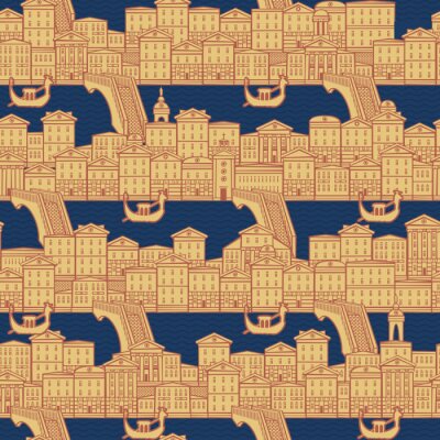 Tapete Vektor nahtloses Muster mit alten Hand gezeichneten Häusern entlang der Kanäle mit Brücken und Gondeln. Stadtbildhintergrund im Retro-Stil, kann als Tapete, Geschenkpapier, Textil, Stoff verwendet wer