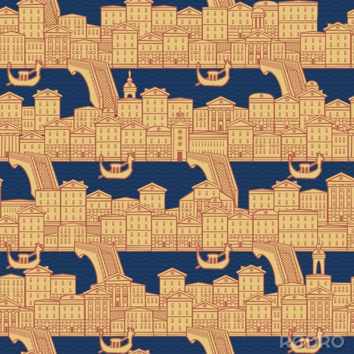Tapete Vektor nahtloses Muster mit alten Hand gezeichneten Häusern entlang der Kanäle mit Brücken und Gondeln. Stadtbildhintergrund im Retro-Stil, kann als Tapete, Geschenkpapier, Textil, Stoff verwendet wer