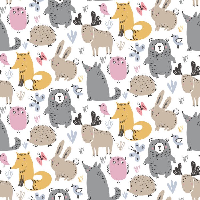 Tapete Vektor nahtloses Muster mit Hand gezeichneten wilden Waldtieren