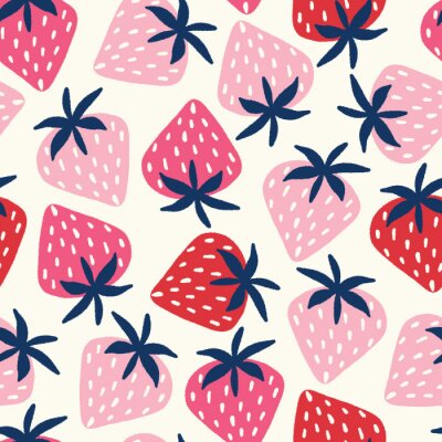 Tapete Vektor nahtloses Muster mit handgezeichneten Erdbeeren in rosa und rot auf einem off white Hintergrund