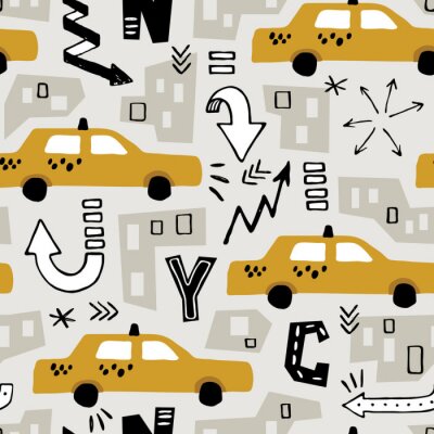 Tapete Vektor nahtloses New York Hintergrundmuster mit Farbe ausgeschnittenem Papier abstrakte Häuser und handgezeichnete Taxi gelbe Kabine für Stoffdesign, Geschenkpapier, Notizbücher cover.textile