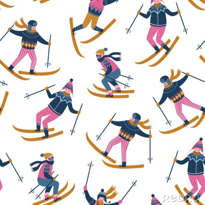 Tapete Vektor Winter Illustration der Skifahrer. Sportkinder im Skigebiet. Trendiges skandinavisches Design. Nahtloses Muster auf dem weißen Hintergrund.