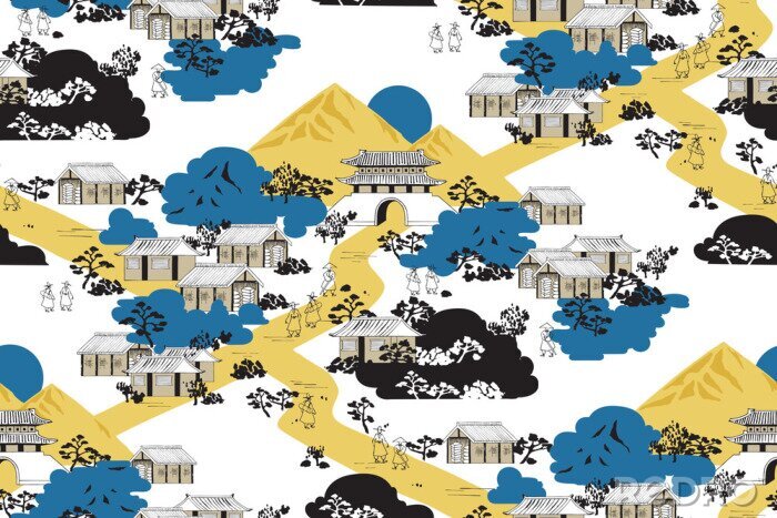 Tapete Vektorillustration des nahtlosen Hintergrunds mit den traditionellen koreanischen Motiven. Design für Webdesign, Druckprojekt, Poster, Einladung, Broschüre, Rap und Sammelalbum
