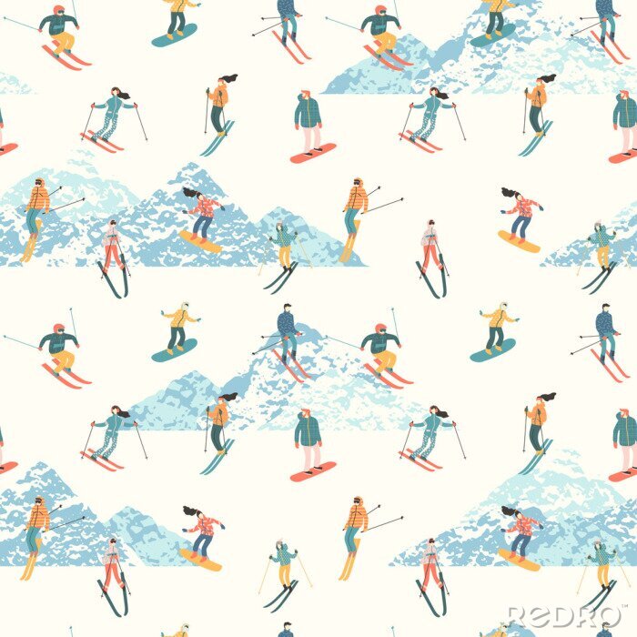 Tapete Vektorillustration von Skifahrern und von Snowboarders. Nahtloses Muster.
