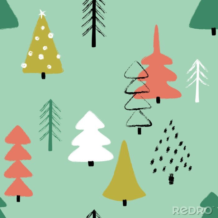Tapete Verschieden gezeichnete Bäume im Wald