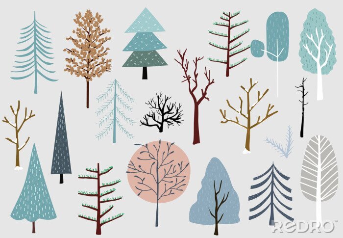 Tapete Verschiedene Arten von skandinavischen Bäumen auf grauem Hintergrund