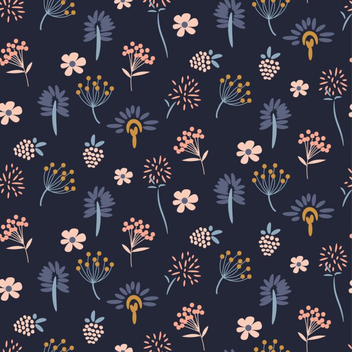 Tapete Verschiedene Blumen auf dunkelblauem Hintergrund Grafik