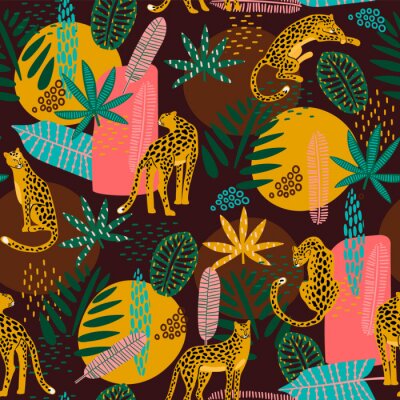 Tapete Vestor seamless pattern with leopards and abstract tropical leaves.