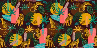 Vestor seamless pattern with leopards and tropical leaves.
