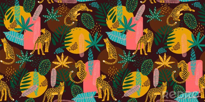 Tapete Vestor seamless pattern with leopards and tropical leaves.