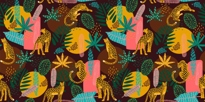 Tapete Vestor seamless pattern with leopards and tropical leaves.