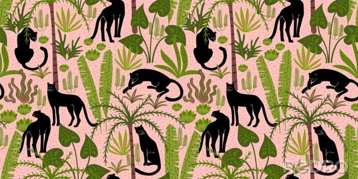 Tapete Vestor seamless pattern with panthers and tropical leaves.